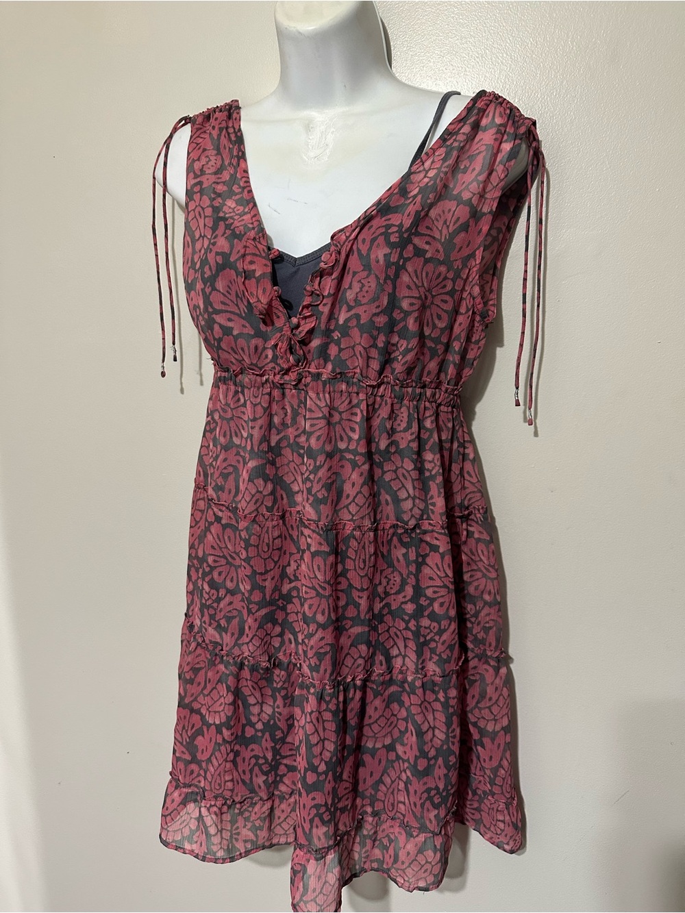 American Eagle Outfitters Rose Floral V-Neck Tiered Mini Dress